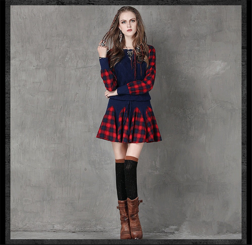 Vintage Wool WINTER DRESS 2016 Casual Knitting Long Sleeve Women Dress Plaid Sashes Patchwork Sweater Dress Woman O-neck Vestido (11)