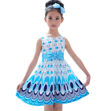 Girls Cute Peacock Pattern Colorful Sleeveless Crew Neck Princess Dress