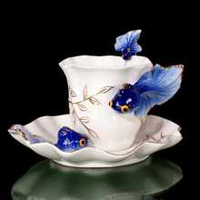 Festival Gift painting creative cup Bone China 3D Color Emamel Porcelain animal Goldren fish mug saucer