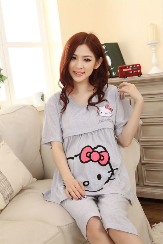 Hello kitty Gray women clothing maternity wear summer dresses for pregnant nursing clothes breast feeding maternity sleepwear 23