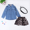2016 Spring Latest Children s Clothing set Girl Long Sleeve Denim shirt leopard skirt belt fashion
