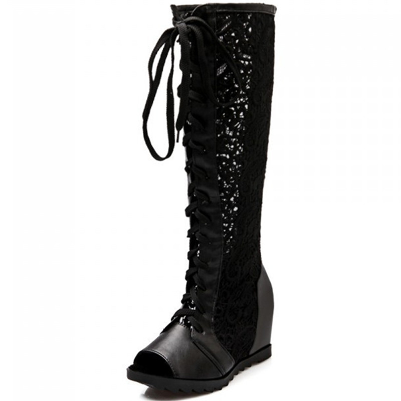2015women sandals platform wedges summer boots knee high gladiator sandals sexy high heel peep toe shoes