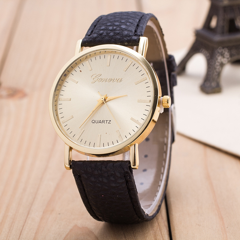 2016 Hot Sale Newest Fashion Geneva Dress PU Leather Gold Dial Women Watch Simplicity Quartz Clock
