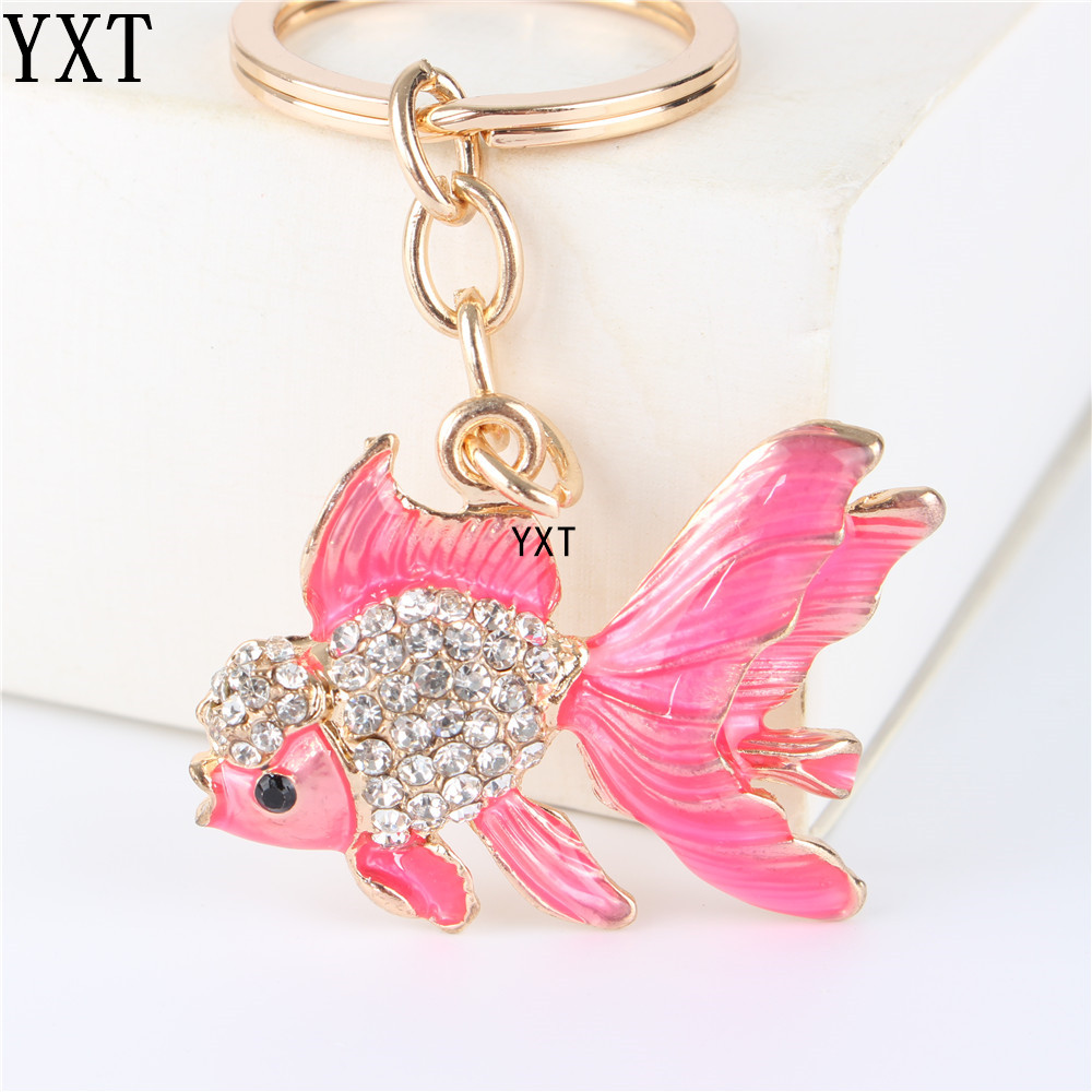 Pink Goldfish Fish Rhinestone Jewelry Crystal Pendant Charm Purse Key Chain Gift 