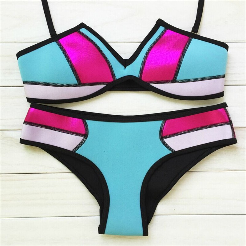 2016 Newest Women Sexy Patchwork Active Push Up Middle Waist Pink High Quality Swimwear Bikini Brazilian Neoprene Bikinis (3)