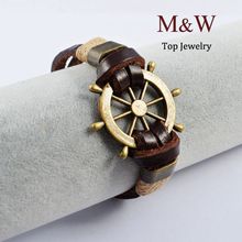 High Quality New 2015 Fashion Jewelry Vintage Stainless Steel Rudder Charm Genuine Cow Leather Bracelet For