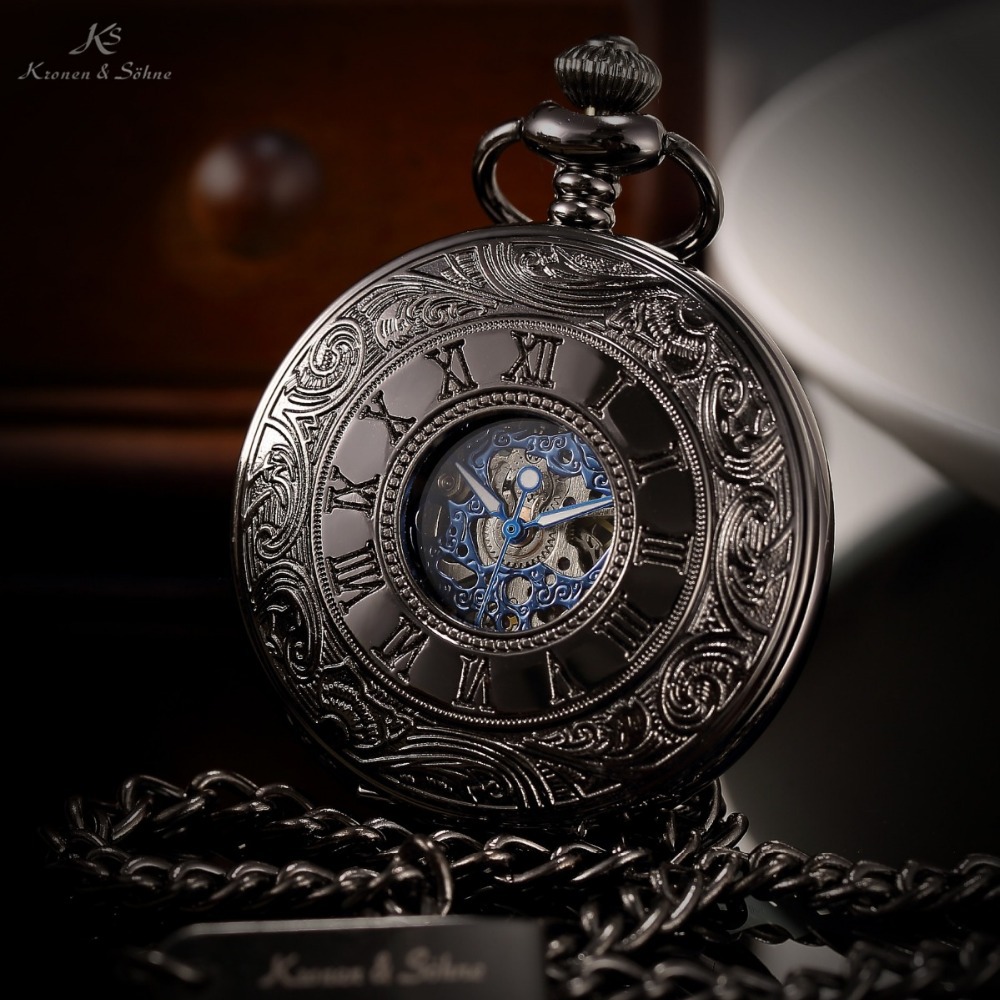 KS Brand Retro Blue Roman Skeleton Relogio De Bolso Men Hand Wind Mechanical Watch Necklace Clock