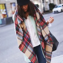 New Women Blanket Oversized Tartan Plaid Scarf Wrap Shawl Poncho Jacket Coat Stole