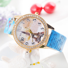 Nuevos 2015 estilo Vintage moda mujer cuero de cuarzo relojes vestido torre Eiffel mujeres reloj Casual reloj