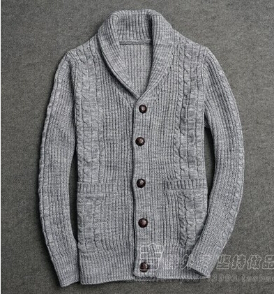 Mens Cardigan Sweater 2015 Autumn Winter New Fashion Shawl Collar Cable Knit Wool Cardigan Free Shipping