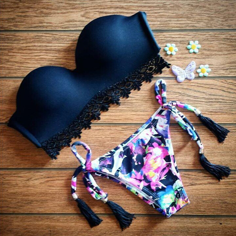 Women Lace Bikini Set Purple Sexy Hipster Printing Bikinis Swimwear Swimsuit Bathing Suits Swimming Sets
