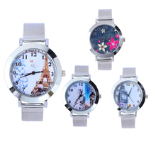 Caliente! 2015 nuevas mujeres de cuarzo reloj de esfera redonda de malla correa de acero reloj reloj Simple patrón 4 estilos envío gratis