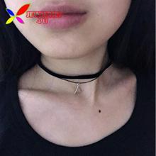 2016 Hot Faux Leather Choker Fashion Simple Black Velvet Rope Silver Triangle False Collar Necklace for women collier Bijoux