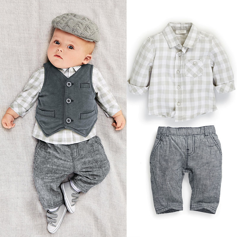 3pcs New Newborn infant baby boy Grey Waistcoat + Pants + Shirts clothes clothing sets Suit Outerwear & Coats