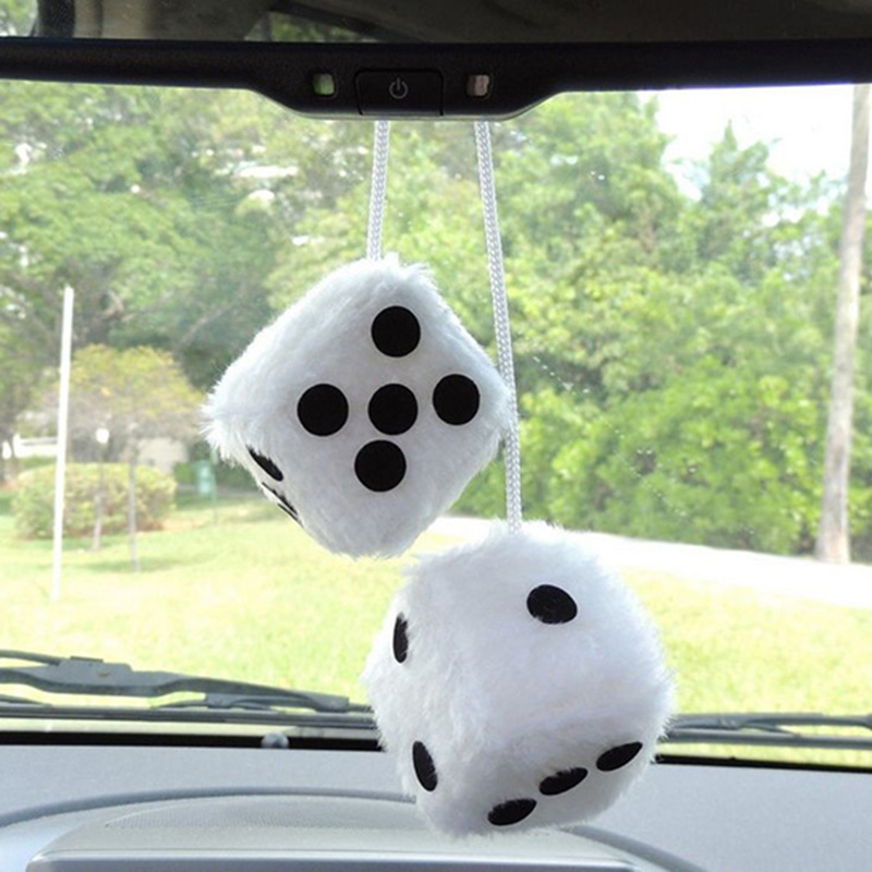 2pcs lot White Car Hanging Mirror styling 2 75 Plush Fuzzy Funny Dice Interior Accessories car
