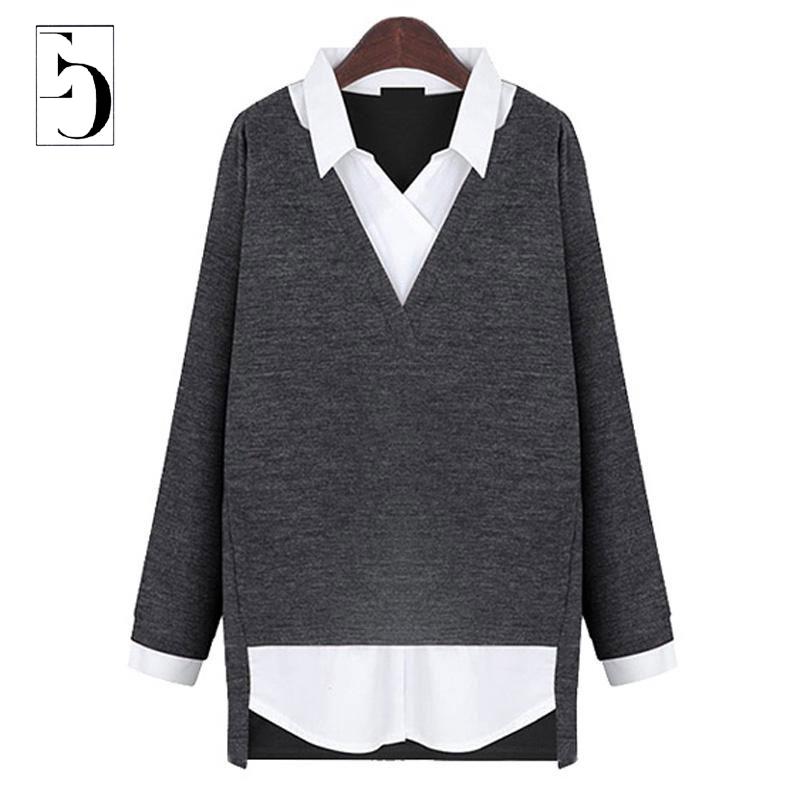 2015 New XL-5XL Plus Size Sweater Women Fake 2 Piece Autumn Winter Sweaters Dress Women Long Sleeve T shirt Sweater 3XL 4XL Tops