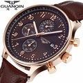 Top Brand luxury GUANQIN Fashion Quartz Watch Men Big Dial Waterproof Leather Strap Stop Watch Men