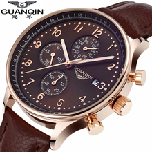 Top Brand luxury GUANQIN Fashion Quartz Watch Men Big Dial Waterproof Leather Strap Stop Watch Men Watches Relogios Relojes