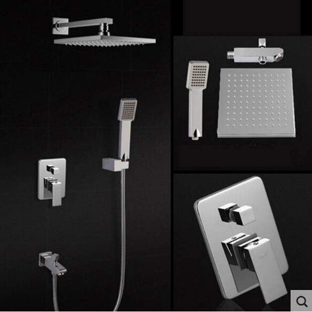 Chrome Finish 8 inch Shower Faucet Bath Shower Mixer Taps + Brass Wall Mount Shower Arm + ABS Handshower + Brass Mixer Valve