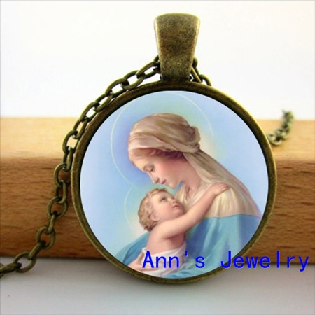 Blessed Virgin Mary Mother of Baby necklace Jesus Christ Christian pendant Catholic Religious Glass Tile Pendant Necklace