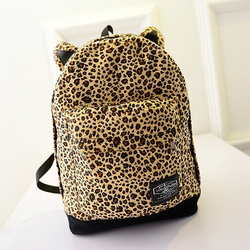 2015 New Women Canvas Backpack Cartoon Leopard Ear Backpack Shoulder Bag Backpack Casual Schoolbag Backpacks Travel Hiking Bags