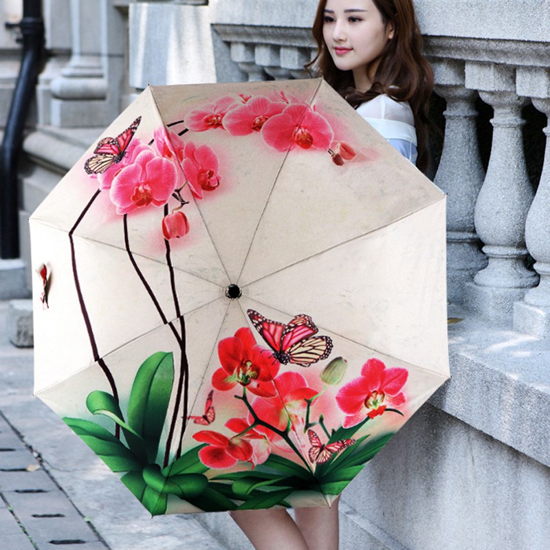 Free Shipping Rain Umbrella Women Anti-UV Parasol Orchid Painting Manual Umbrella Portable Three-folding Umbrella