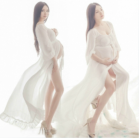 White Gauze Maternity Dress Hem Trailing Lace See-through Dress Pregnant Photography Props Fancy Pregnancy Photo Shoot