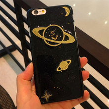 New Luxury Glitter Bling Planet Stars Phone Case For iPhone6 /6s/6s Plus Cute Hard Black Plastic Back Cover Skin freeshipping