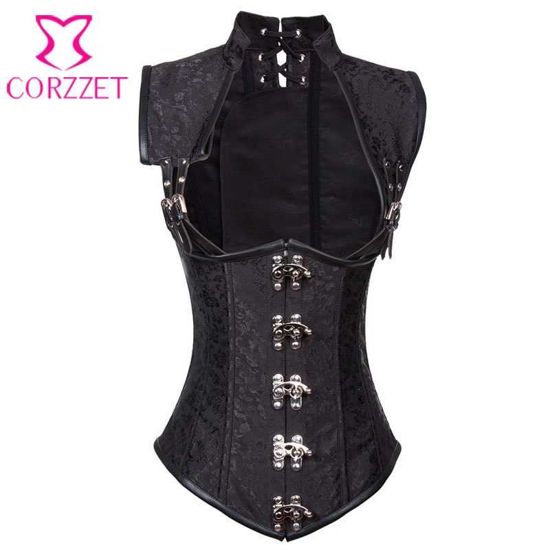 Black Brocade Collared Top Sexy Cupless Waist Trainer Vest Corset Gothic Waist Training Corsets