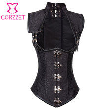 Black Brocade Collared Top Sexy Cupless Waist Trainer Vest Corset Gothic Waist Training Corsets Steel Boned Steampunk Clothing