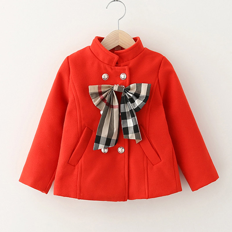 2015 New Brand Children Bowknot Woolen Cloth Coats Autumn Winter Warm Wool Coat For Girls Roupas Infantis Menina 8049