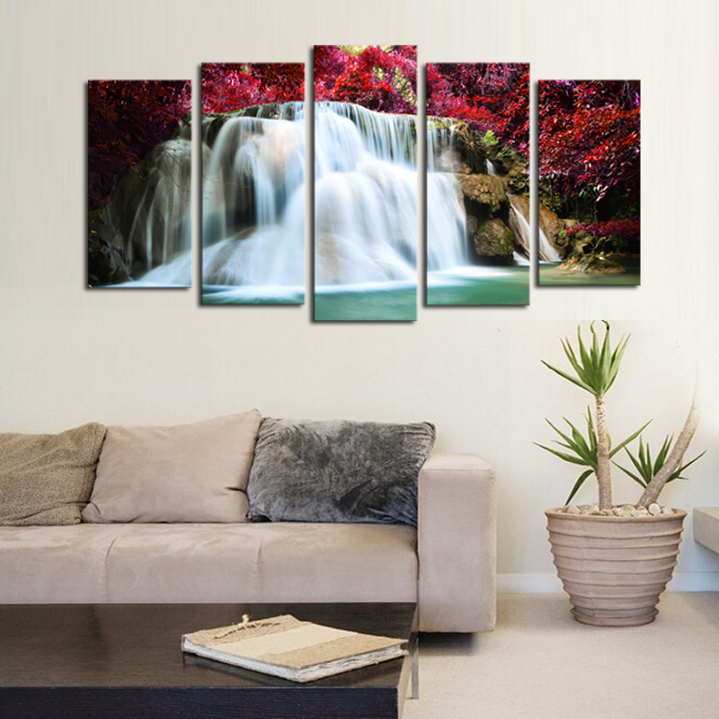 (No Frame) Panels Red Trees Waterfall View Picture Canvas Print Painting Artwork Wall Art Canvas Painting For Home Decor