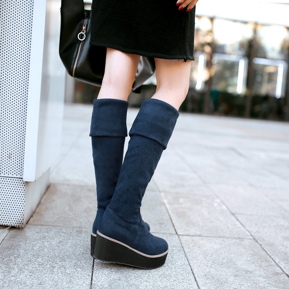 Stretch Nubuck&PU Black Red Blue Wedge Platform Women Thigh High