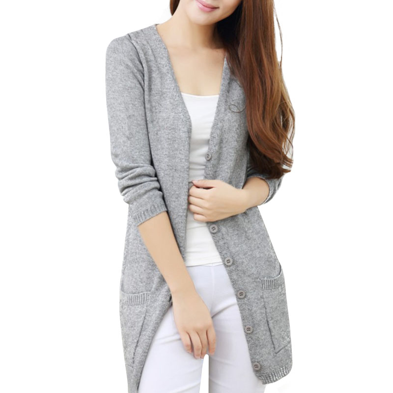 2015 Women's Long Cashmere Wool Cardigan Long-Sleeve V-neck Autumn Winter Tops Knitted Sweater Cardigans Outerwear WZM1052