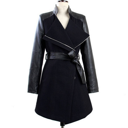 Europe Winter Coat Women 2015 Leather Sleeve Woolen Trench Coat Slim Veste Femme Black Casaco Feminino Fashion Female Overcoat (12)