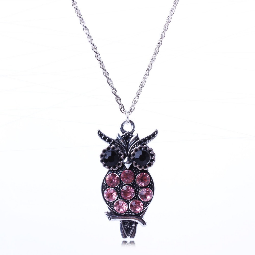2014 New Arrival Vintage Jewlery Pink Crystal Owl Pendant Necklace For Women Silver Pendant Wholesale Price
