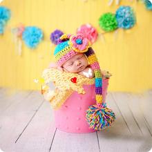 2016 Hot Sale Colorful Rainbow Knitting Hat Newborn Baby Photography Props Flower Cap For 0-3 Months Baby Clothes Girl Boy