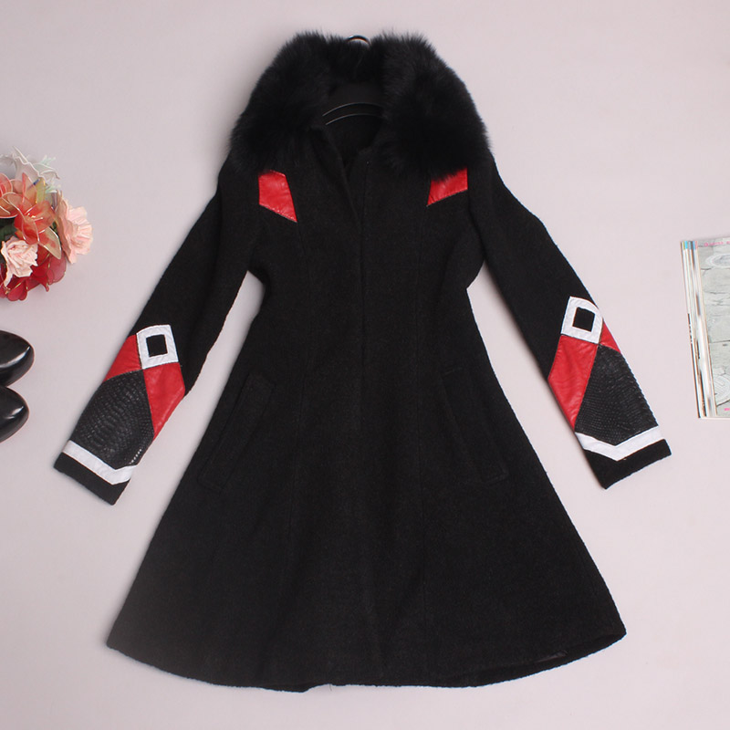 Fashion Coat Slim Wasp Waisted A Style Wool Spliced Wool Collar 2016 Autumn Winter Show Coat