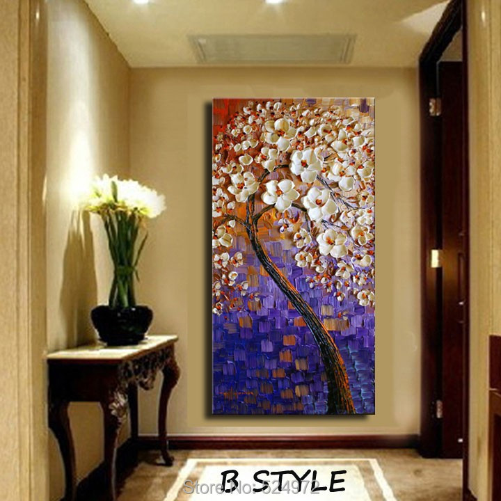 Hand-painted modern home decor wall art picture Blue purple background White flower tree thick knife oil painting on canvas