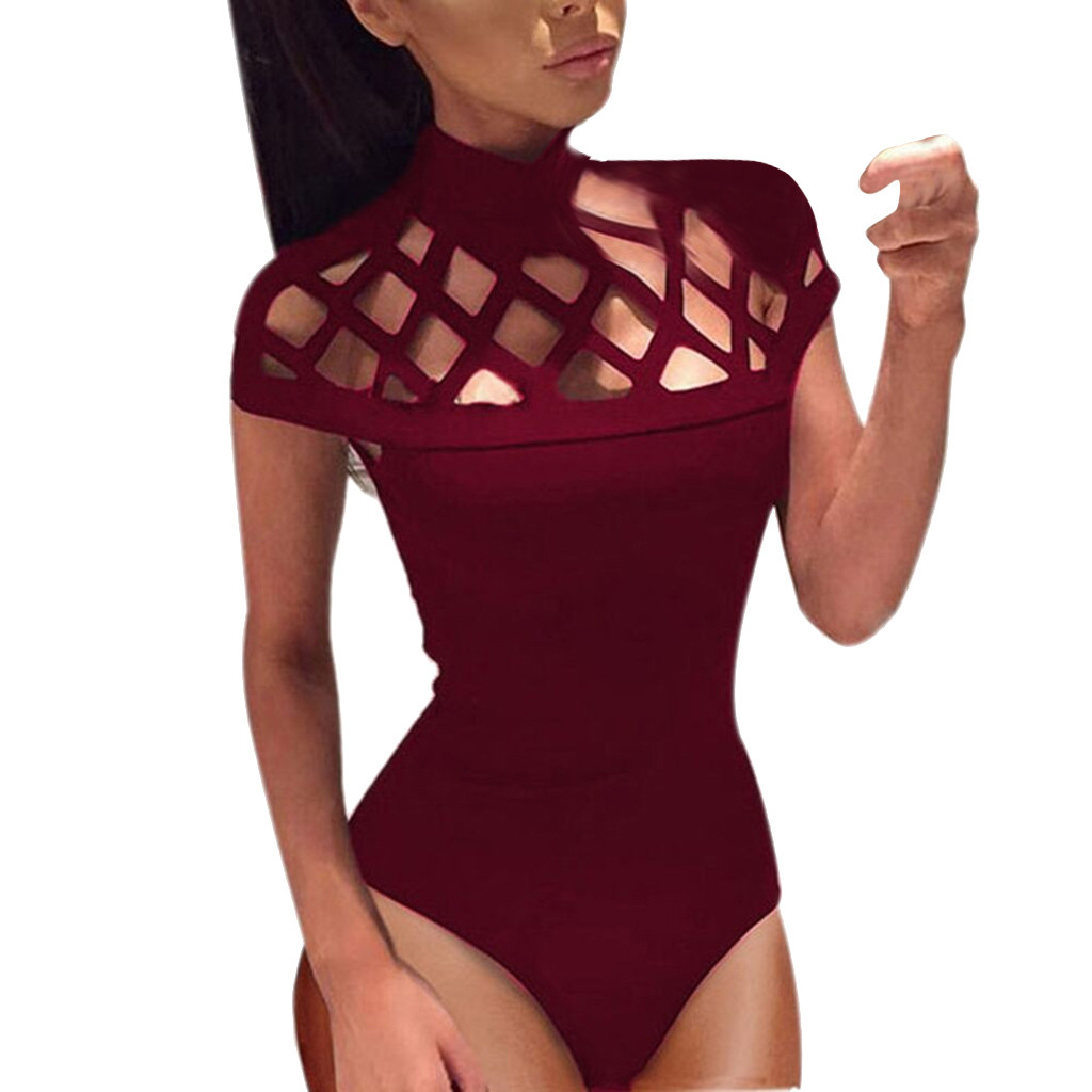 Ribbed Knitted Sexy Bodysuits 2019 Choker High Neck Hollow Bodycon