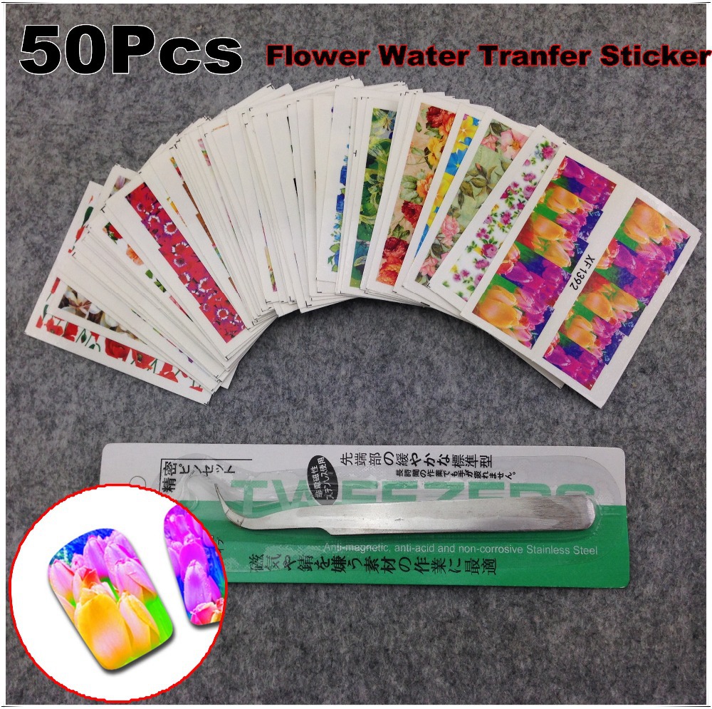 50Sheets 1Pcs Tweezers Curved Nail Art Flower Water Sticker Nails Beauty Wraps Foil Polish Decals Temporary