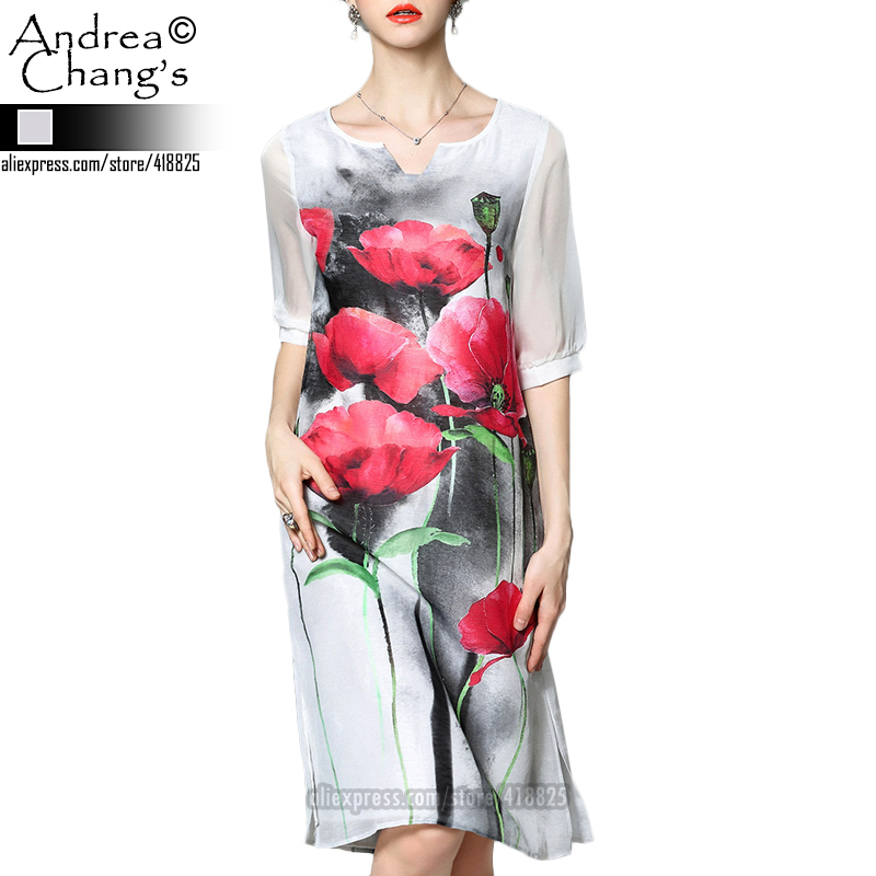2016 spring summer designer womens dresses gray over knee length half sleeve big red flower print fashion quality brand dress