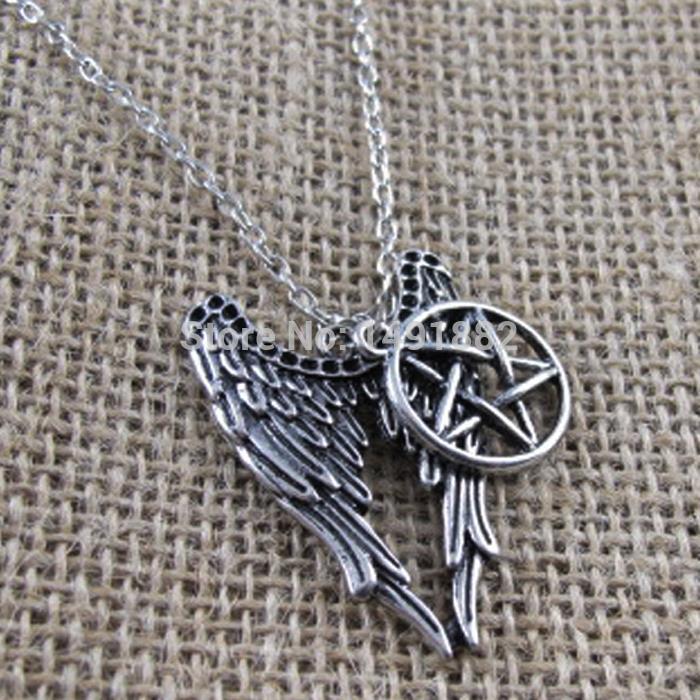 1PCs Pentagram Supernatural Necklace Pendant Castiel Wings Angel Wicca Pendant Jewelry for Gift