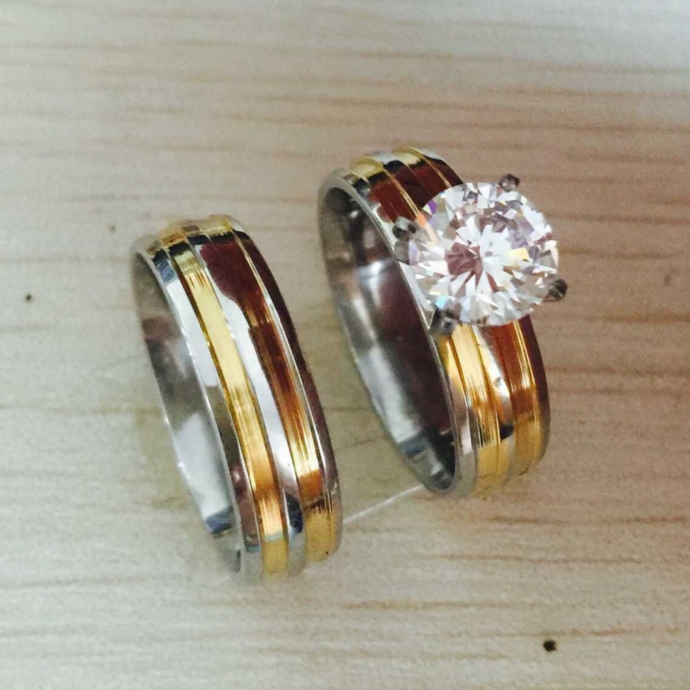 6MM Large CZ diamond 316L Stainless 18K gold silver filled Love Couple Ring Wedding Rings promise pair Rings for men women