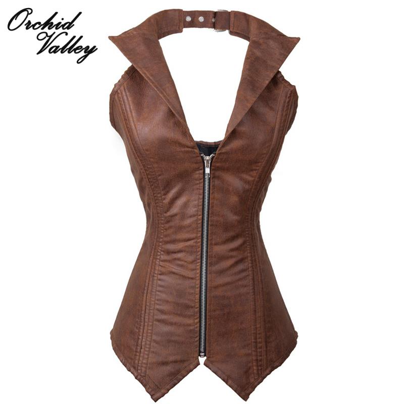 Brown Vintage Zipper Overbust Leather Steel Bone Waist Training Corsets Vest And Bustiers Tops Body font