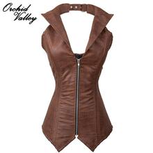 Brown Vintage Zipper Overbust Leather Steel Bone Waist Training Corsets Vest And Bustiers Tops Body Shaper Steampunk Clothing