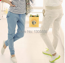 New 2015 Women Pants Solid Color Drawstring Elastic Waist Comfy Full Length Casual Cotton Harem Pants