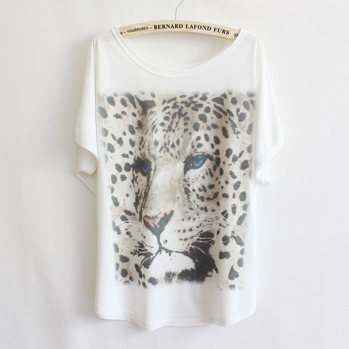 Loose leopard head women\'s batwing shirt o-neck sh...