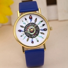 2015 Super Hot High Quality Women Vintage Watch Feather Dial Leather Band Clocks Unique Gifts Just