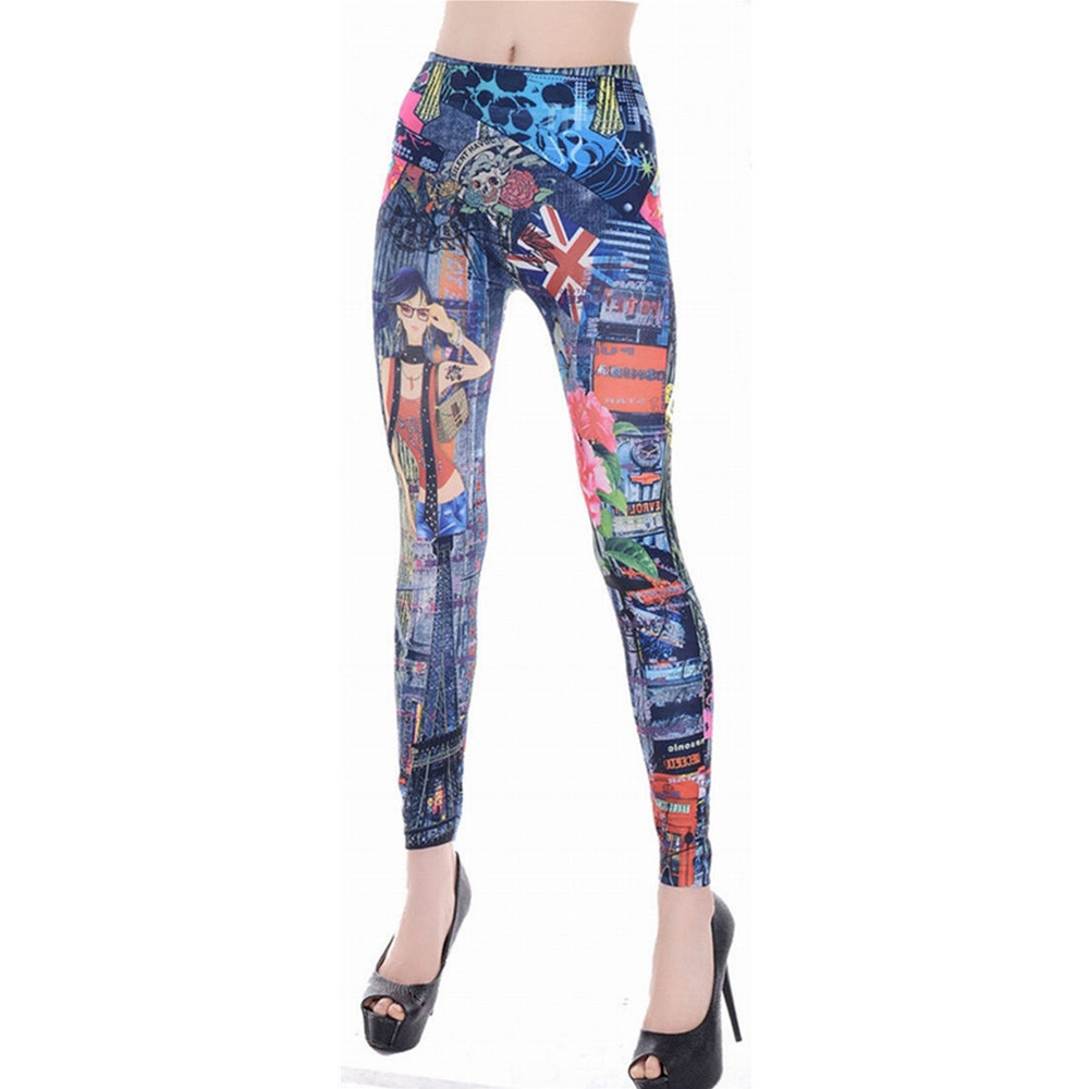 Promotion Stretch Slim Fit Pants Women Leggings Skinny for Girl Fake Jean Floral Print Pattern Ankle